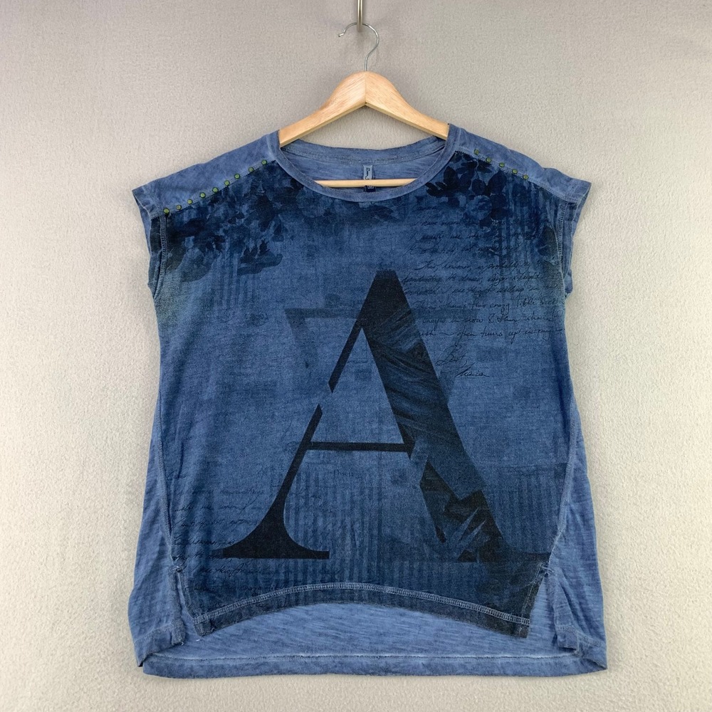 VTG Y2K Denim Jeans & Casuals Graphic Tee Women M Blue Slub Studded Floral